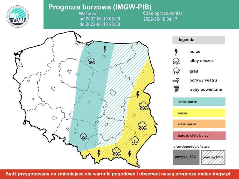 <blockquote class="twitter-tweet"><p lang="pl" dir="ltr">Dziś na zachodzie pogodnie, na pozostałym obszarze pochmurnie z opadami deszczu i burzami, także z gradem. Od Podlasia po Małopolskę suma opadów do 30 mm, w Małopolsce i na Podkarpaciu do 40 mm.<br><br>Temperatura od 17°C na N i SW do 29°C na E.<br><br>W czasie burz porywy wiatru do 70 km/h. <a href="https://t.co/nEYCObnGFP">pic.twitter.com/nEYCObnGFP</a></p>&mdash; IMGW-PIB METEO POLSKA (@IMGWmeteo) <a href="https://twitter.com/IMGWmeteo/status/1535113005469470730?ref_src=twsrc%5Etfw">June 10, 2022</a></blockquote> <script async src="https://platform.twitter.com/widgets.js" charset="utf-8"></script>