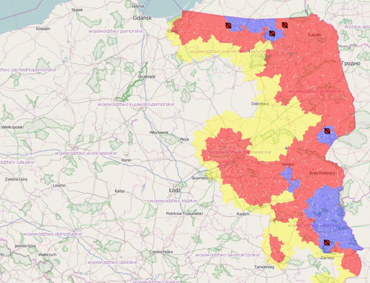 Aktualna mapa ognisk ASF w Polsce z 14 czerwca 2019 roku (źródło: Główny Inspektorat Weterynarii)