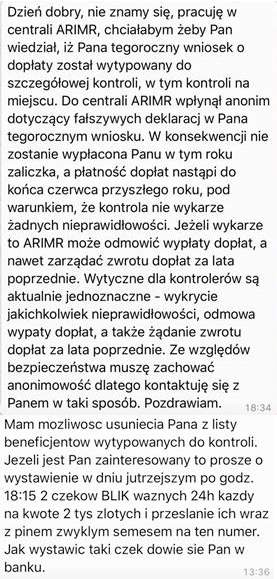 Takiego SMS-a otrzymują rolnicy, od osób podszywających się pod pracowników ARiMR 