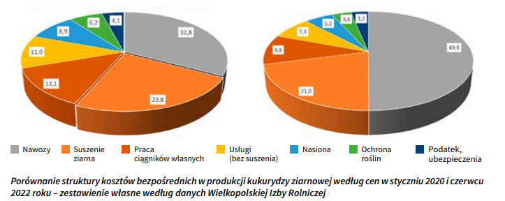 Porównanie struktury kosztów bezpośrednich w produkcji kukurydzy ziarnowej według cen w styczniu 2020 i czerwcu 2022 roku – zestawienie własne według danych Wielkopolskiej Izby Rolniczej