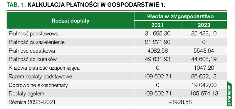 Kalkulacja płatności w Gospodarstwie 1