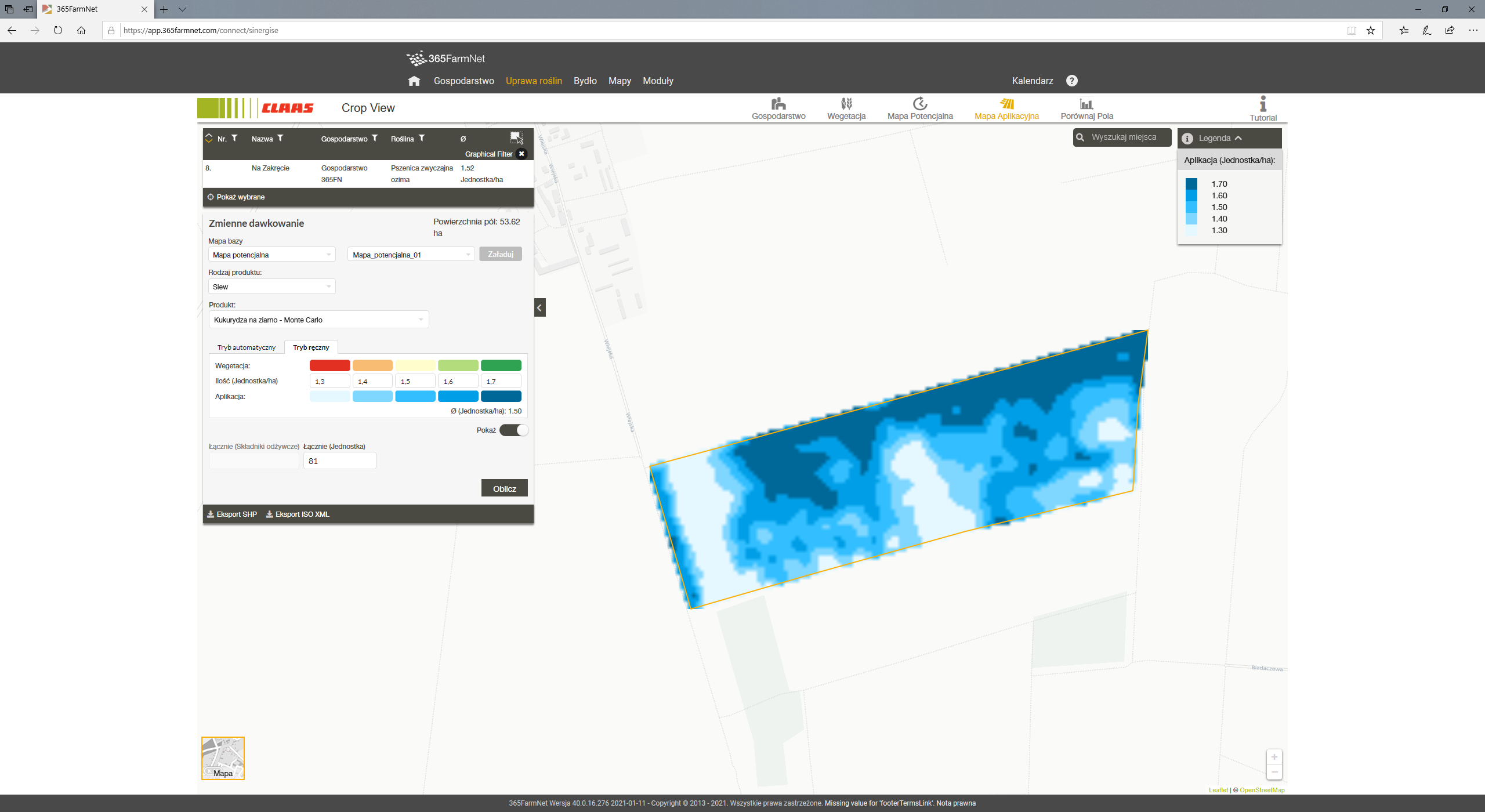 Mapa aplikacyjna przygotowana przez program 365FarmNet w module CLAAS Crop View