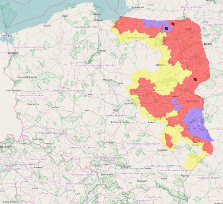 Aktualna mapa stref ASF wraz z ogniskami ASF pod Bielskiem Podlaskim oraz w gminie Giżycki i gminie Gołdap (mapa  Główny Inspektorat Weterynarii) 