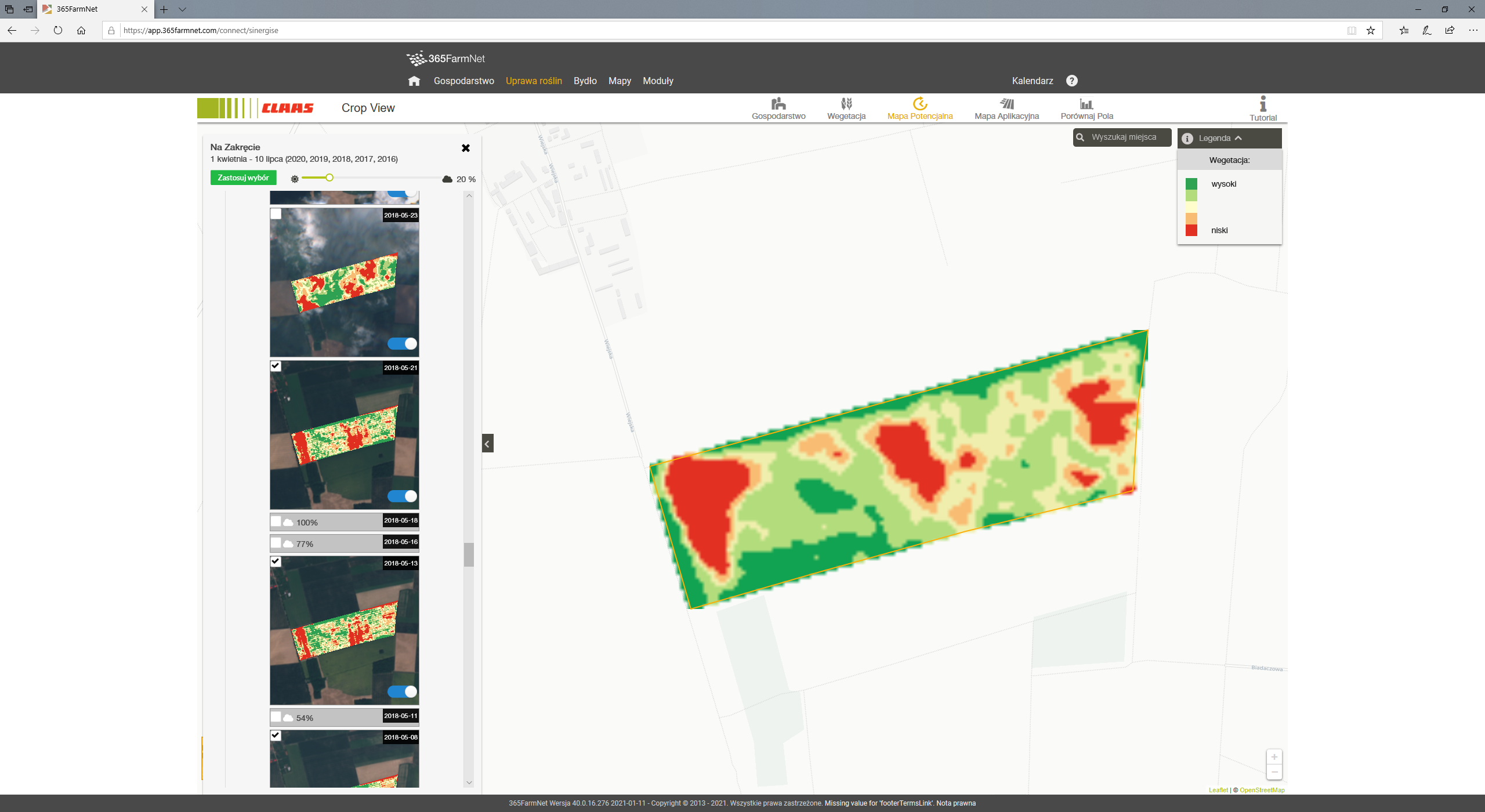 Mapa potencjalnego plonowania przygotowana przez program 365FarmNet w module CLAAS Crop View