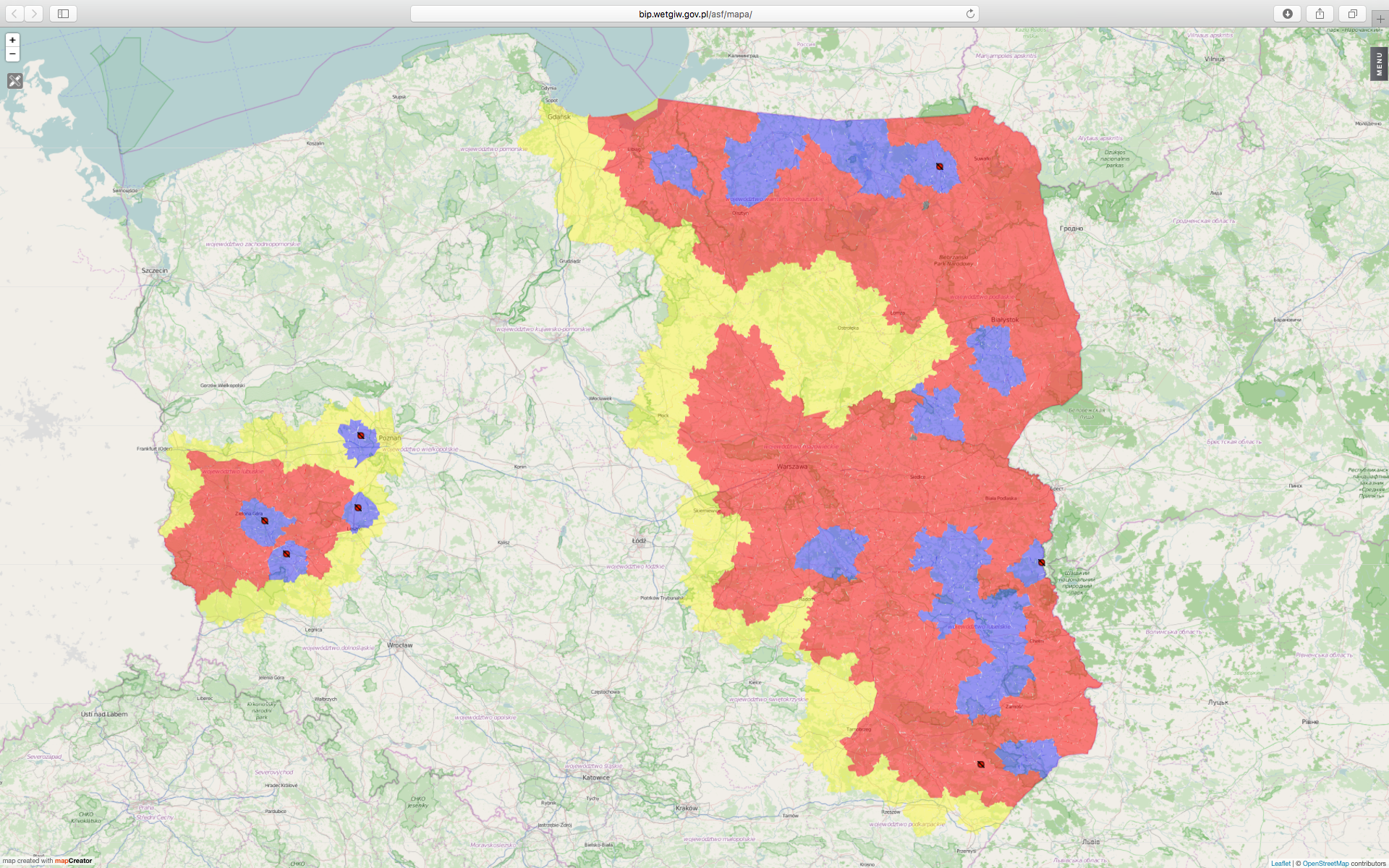 Mapa stref ASF w Polsce na 16 lipca 2020