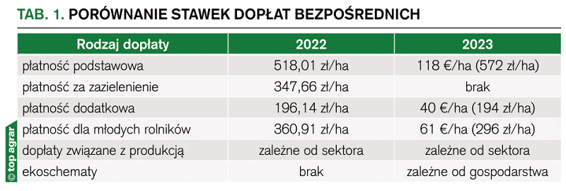 porównanie stawek dopłat bezpośrednich 2022 2023