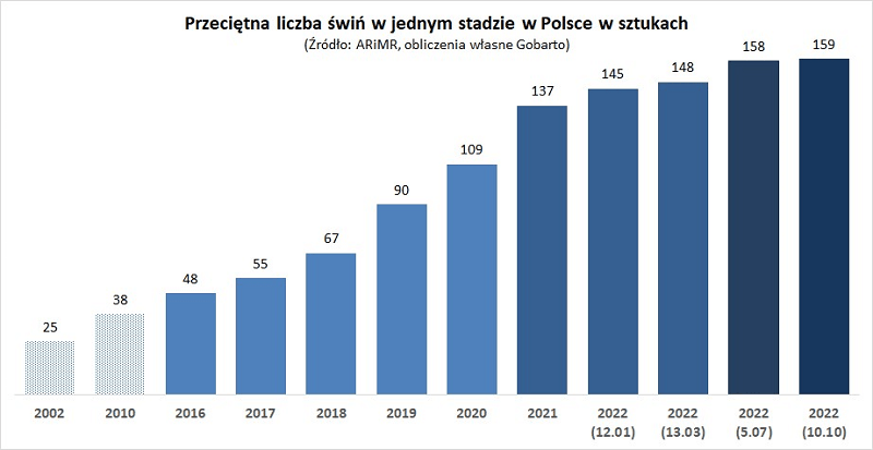 Przeciętna liczba świń w jednym stadzie w polsce w sztukach