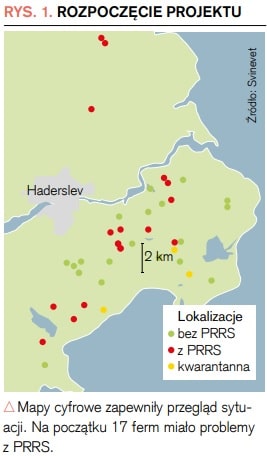 Mapy cyfrowe zapewniły przegląd sytuacji. Na początku 17 ferm miało problemy z PRRS.