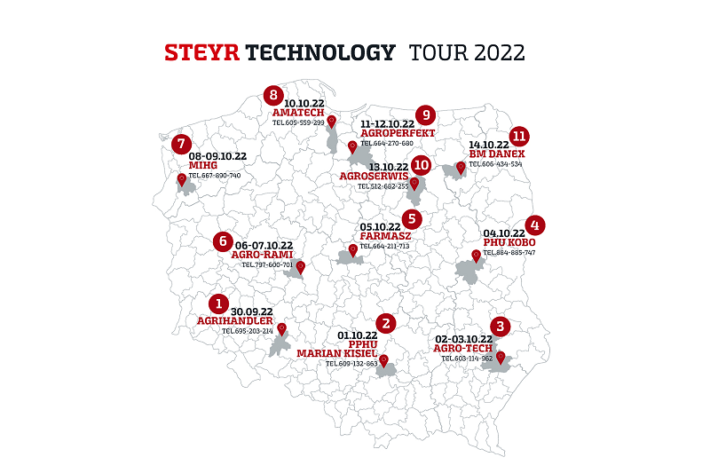 Mapka pokazuje lokalizacje dealerów Steyr, u których będą prezentacje ciągników