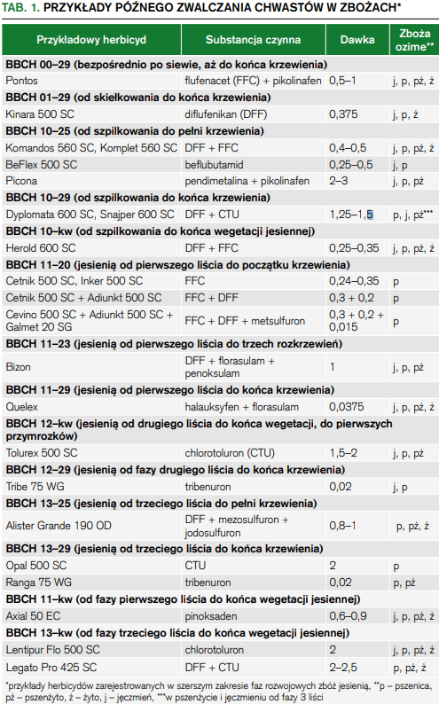 Tab. 1. Przykłady późnego zwalczania chwastów w zbożach*